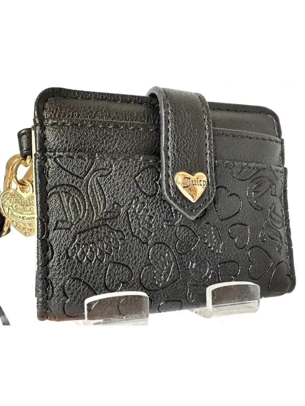 Juicy Couture Black Heart Embossed Logo Wristlet Wallet, Strap with Charm - NWT
